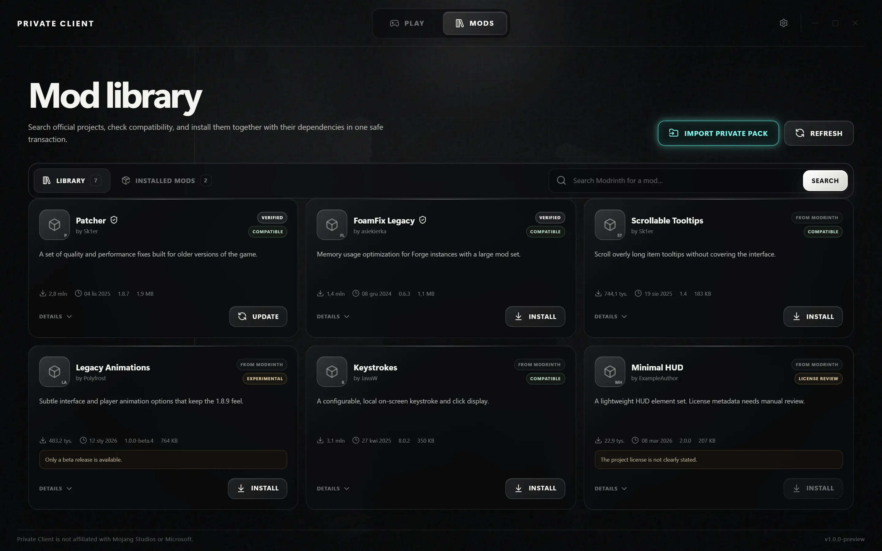 The MODS view of Private Client, listing Forge 1.8.9 projects from Modrinth with compatibility badges and install buttons.
