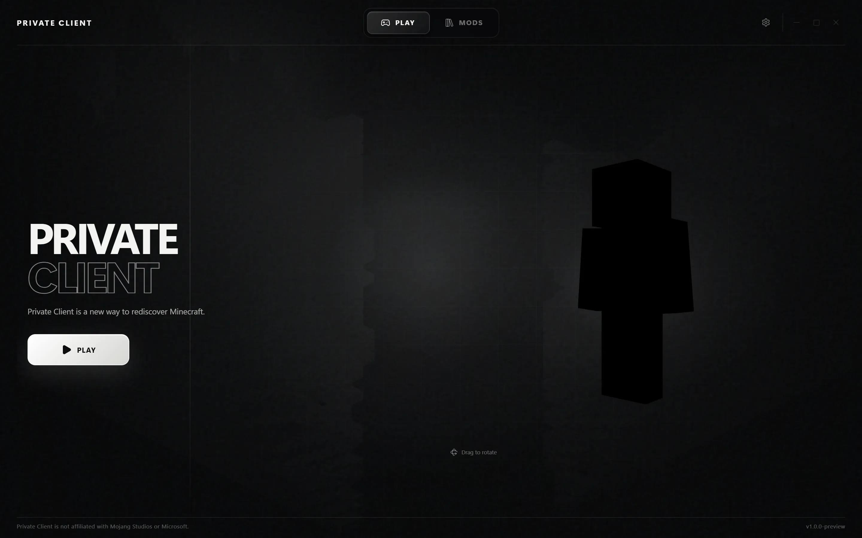The Private Client launcher on its PLAY view, showing the wordmark, a player model and a single PLAY button.